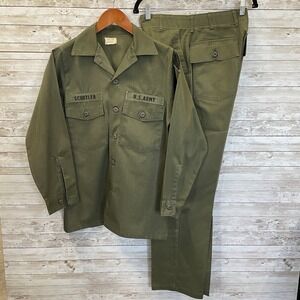 Vtg US Army Shirt Utility OG-507 Chemical Crop Patch 14 1/2x31 & Matching Pants